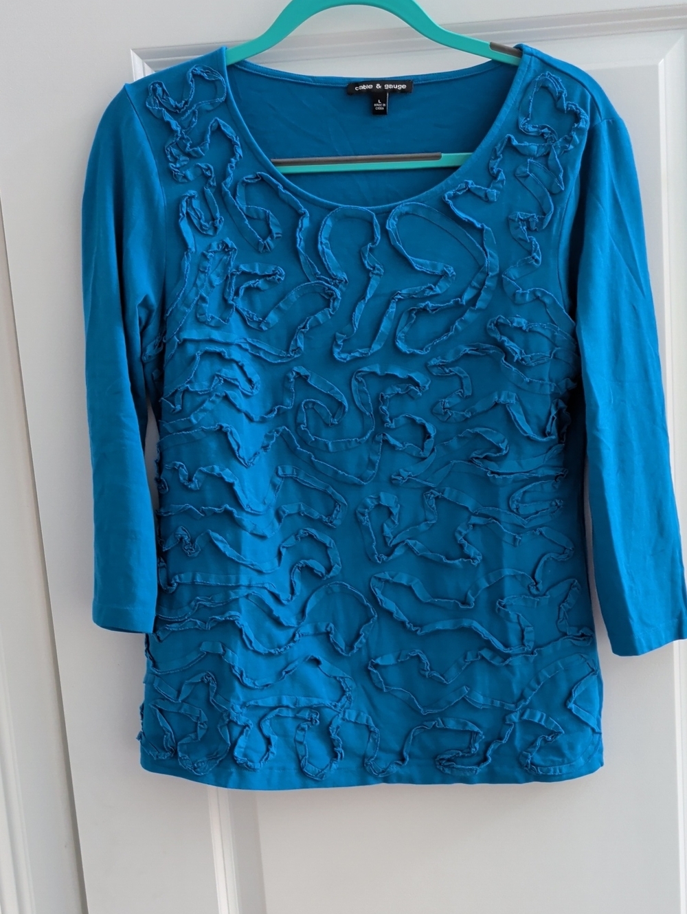Cable & Gauge Teal Three-Quarter Sleeve Ruffle Appliqué Top